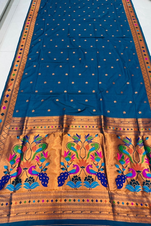 Load image into Gallery viewer, Beleaguer Blue Paithani Silk Saree With Ethnic Blouse Piece
