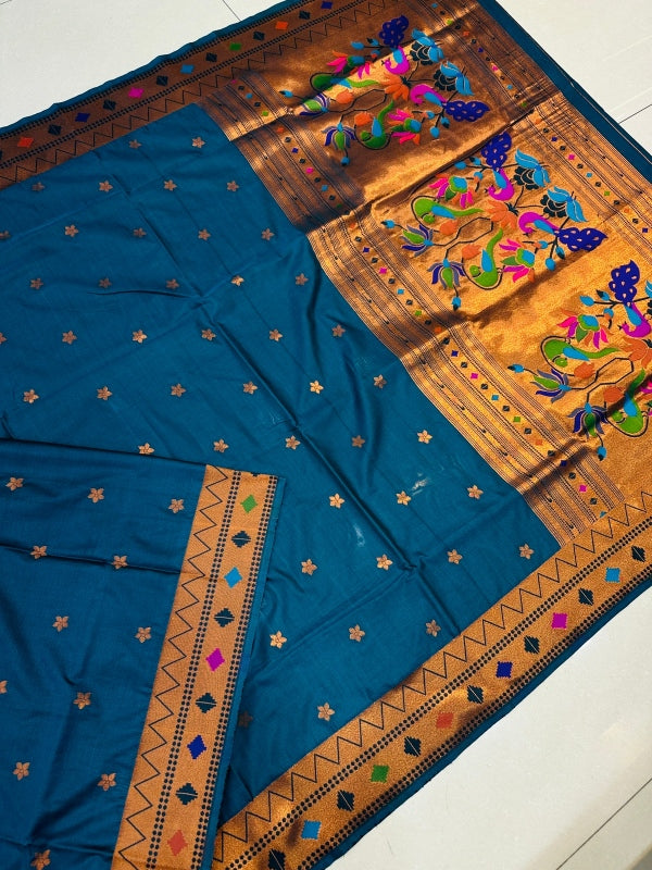 Beleaguer Blue Paithani Silk Saree With Ethnic Blouse Piece
