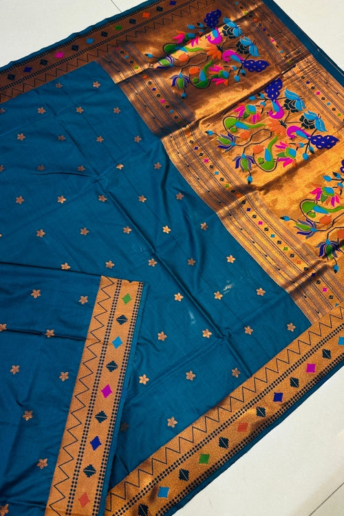 Load image into Gallery viewer, Beleaguer Blue Paithani Silk Saree With Ethnic Blouse Piece
