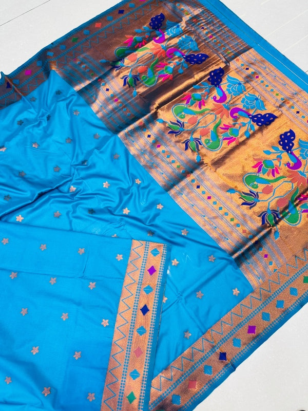 Inspiring Firozi Paithani Silk Saree With Ethnic Blouse Piece