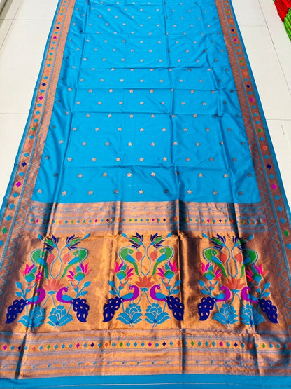 Inspiring Firozi Paithani Silk Saree With Ethnic Blouse Piece