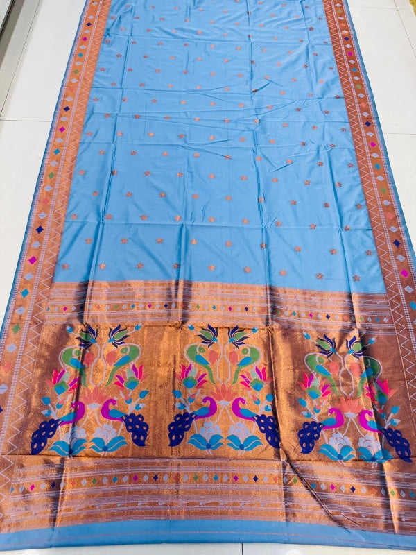 Prominent Firozi Paithani Silk Saree With Ethnic Blouse Piece