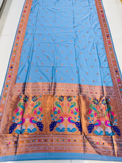 Prominent Firozi Paithani Silk Saree With Ethnic Blouse Piece