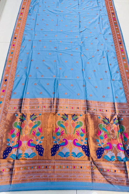 Load image into Gallery viewer, Prominent Firozi Paithani Silk Saree With Ethnic Blouse Piece
