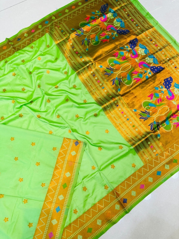Appealing Pista Paithani Silk Saree With Ethnic Blouse Piece
