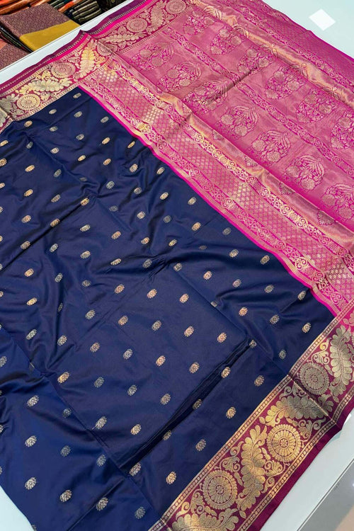 Load image into Gallery viewer, Excellent Navy Blue Soft Banarasi Silk Saree With Ailurophile Blouse
