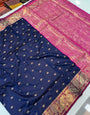 Excellent Navy Blue Soft Banarasi Silk Saree With Ailurophile Blouse