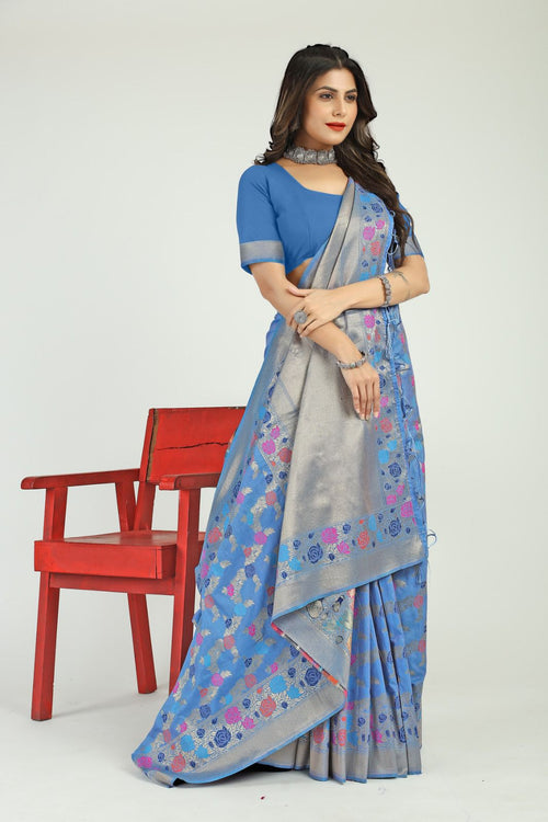 Load image into Gallery viewer, Amazing Firozi Linen Silk Saree With Sophisticated Blouse Piece
