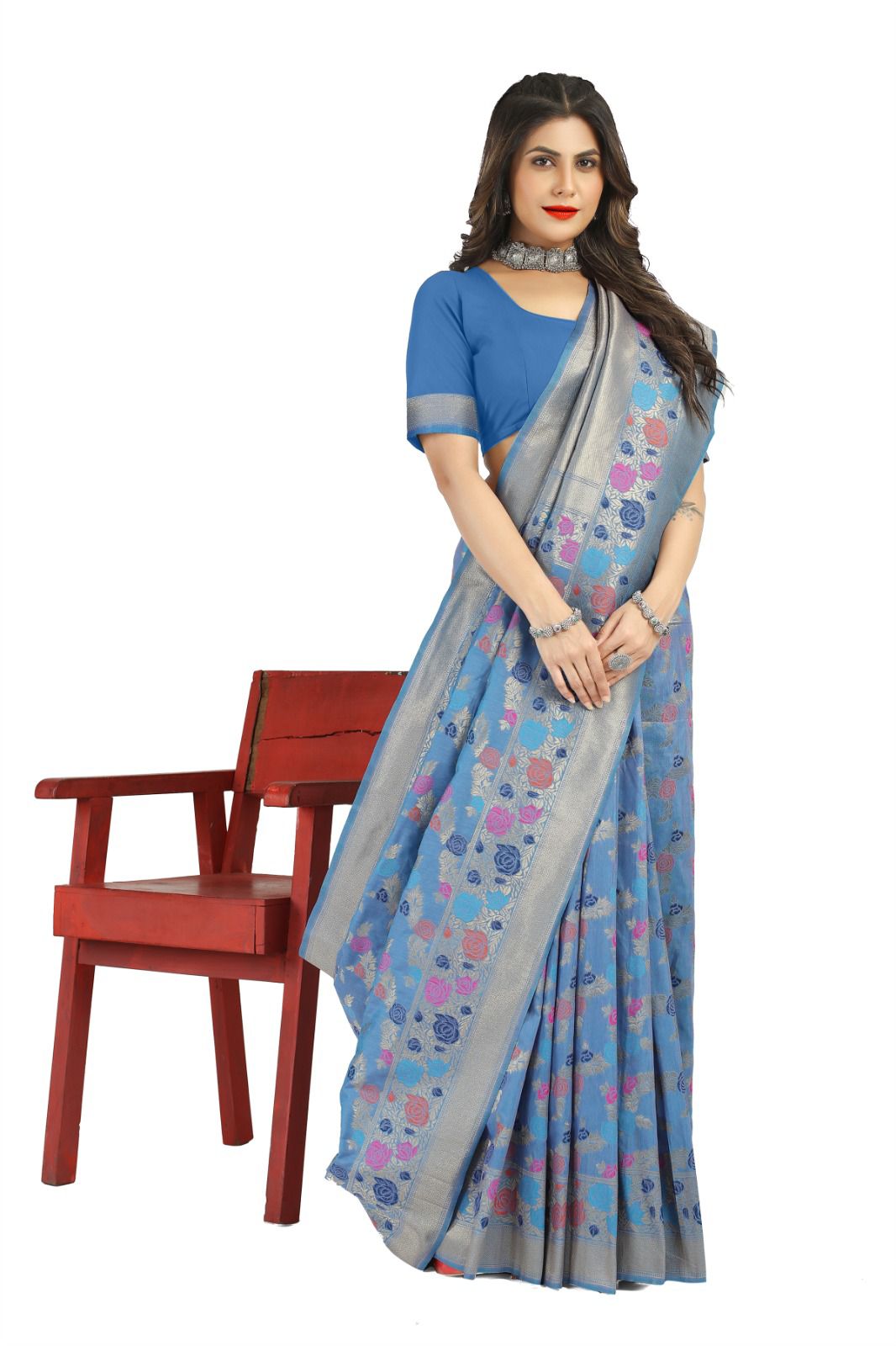 Amazing Firozi Linen Silk Saree With Sophisticated Blouse Piece