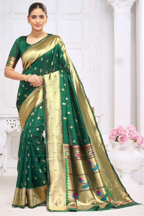 Load image into Gallery viewer, Prettiest Dark Green Paithani Silk Saree With Captivating Blouse Piece
