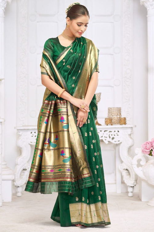 Load image into Gallery viewer, Prettiest Dark Green Paithani Silk Saree With Captivating Blouse Piece
