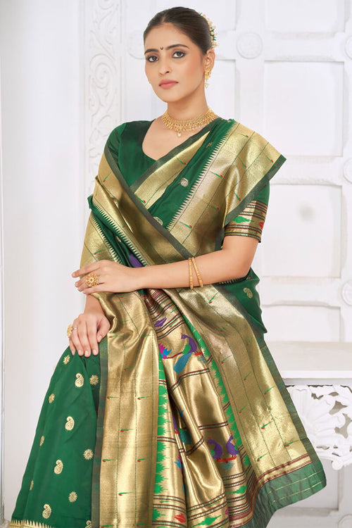 Load image into Gallery viewer, Prettiest Dark Green Paithani Silk Saree With Captivating Blouse Piece
