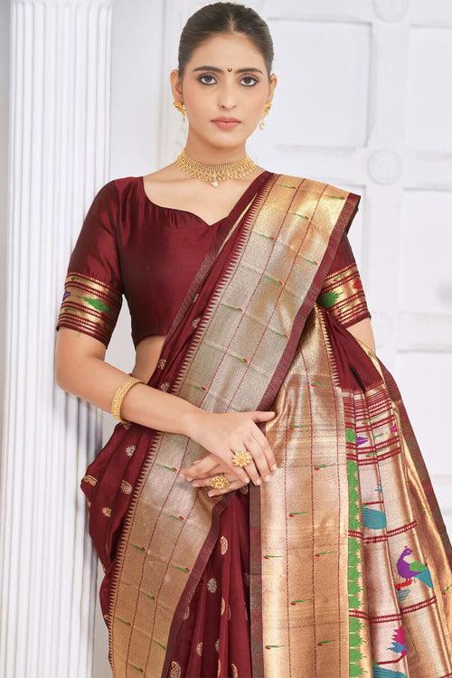 Load image into Gallery viewer, Invaluable Maroon Paithani Silk Saree With Wonderful Blouse Piece
