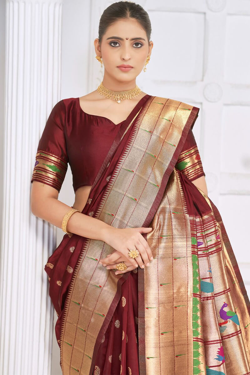 Invaluable Maroon Paithani Silk Saree With Wonderful Blouse Piece