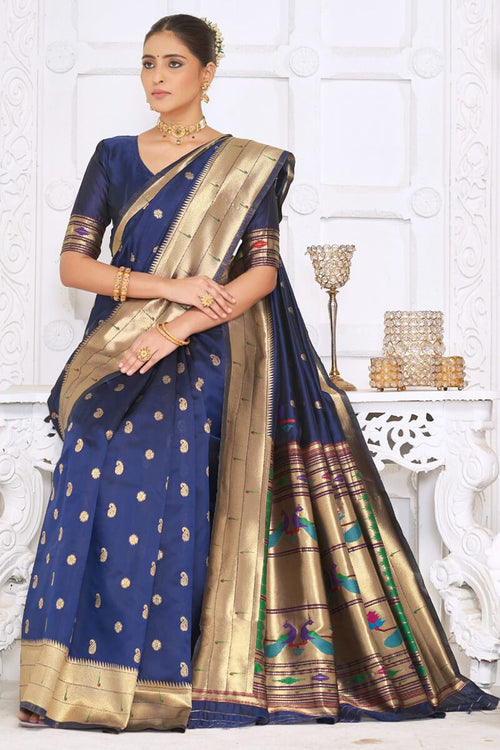 Load image into Gallery viewer, Pretty Navy Blue Paithani Silk Saree With Amazing Blouse Piece
