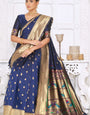 Pretty Navy Blue Paithani Silk Saree With Amazing Blouse Piece