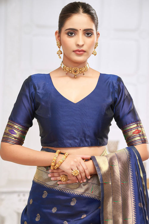 Load image into Gallery viewer, Pretty Navy Blue Paithani Silk Saree With Amazing Blouse Piece
