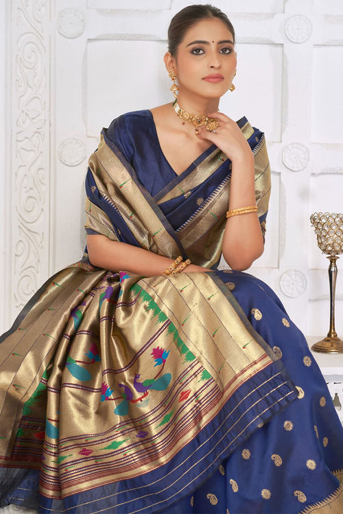 Load image into Gallery viewer, Pretty Navy Blue Paithani Silk Saree With Amazing Blouse Piece
