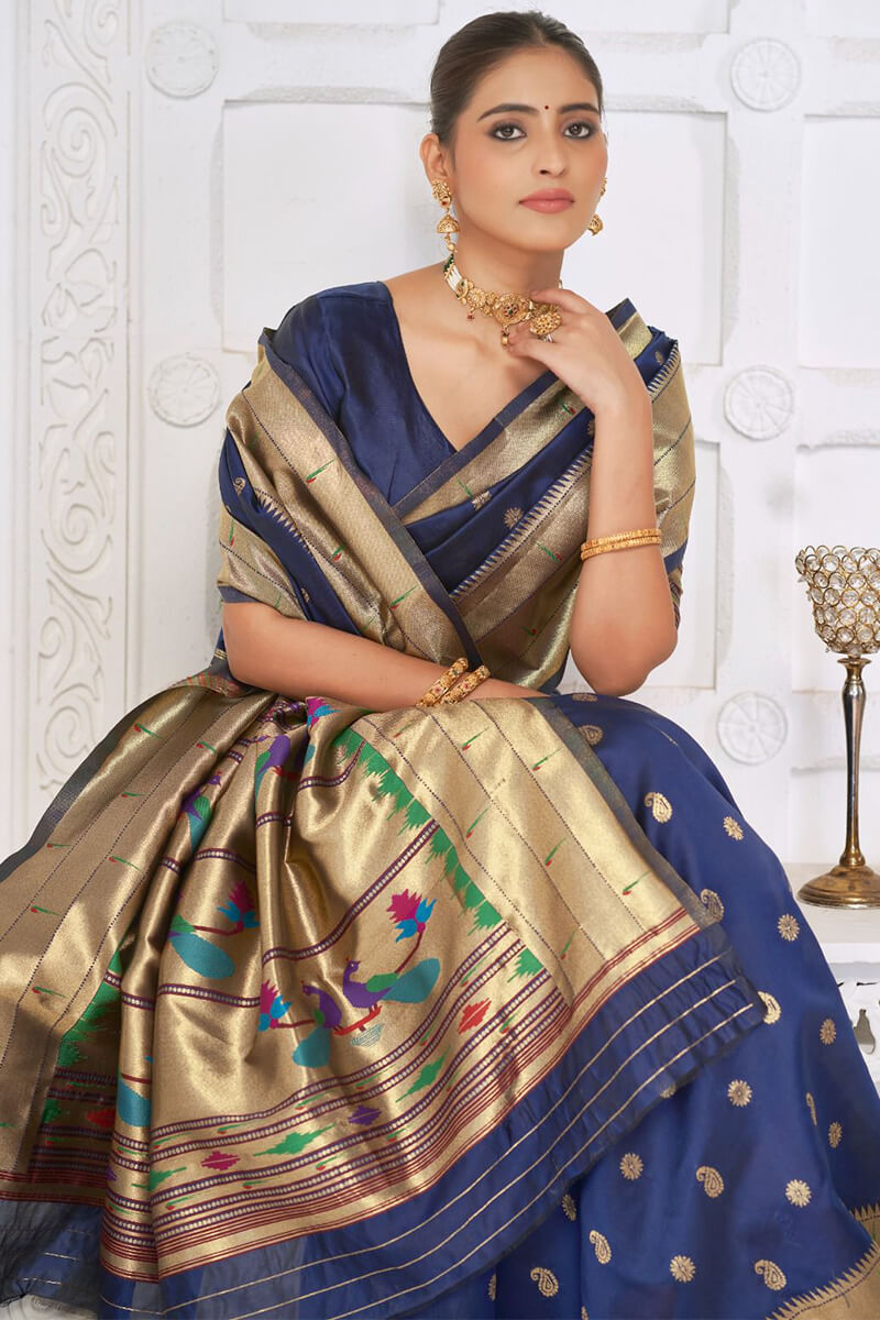 Pretty Navy Blue Paithani Silk Saree With Amazing Blouse Piece