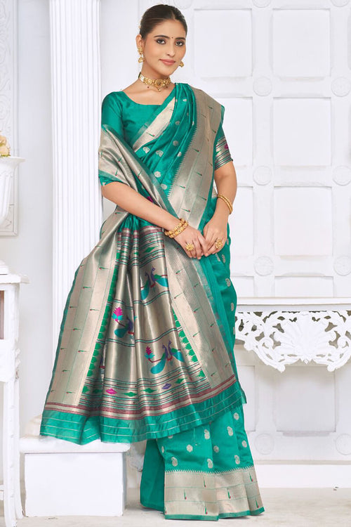 Load image into Gallery viewer, Surpassing Rama Paithani Silk Saree With Breathtaking Blouse Piece
