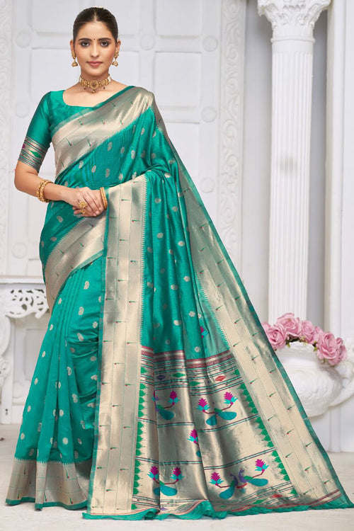 Load image into Gallery viewer, Surpassing Rama Paithani Silk Saree With Breathtaking Blouse Piece
