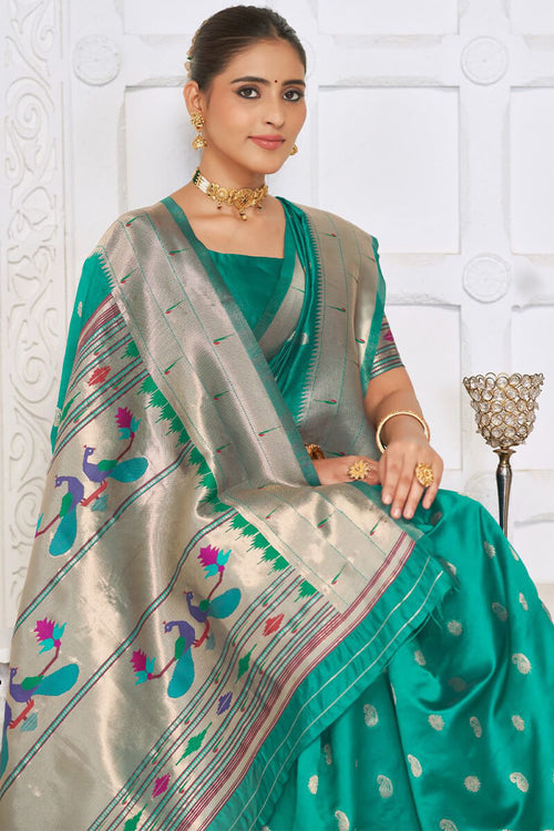 Load image into Gallery viewer, Surpassing Rama Paithani Silk Saree With Breathtaking Blouse Piece
