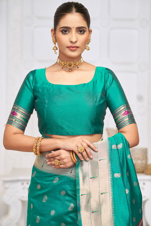 Load image into Gallery viewer, Surpassing Rama Paithani Silk Saree With Breathtaking Blouse Piece
