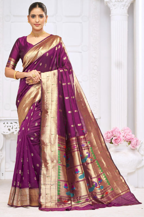 Load image into Gallery viewer, Majesty Wine Paithani Silk Saree With Blissful Blouse Piece
