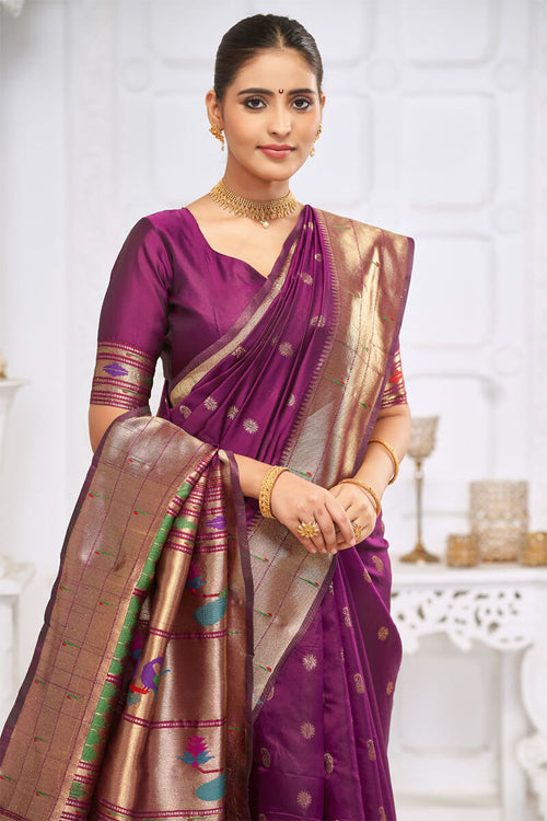 Load image into Gallery viewer, Majesty Wine Paithani Silk Saree With Blissful Blouse Piece
