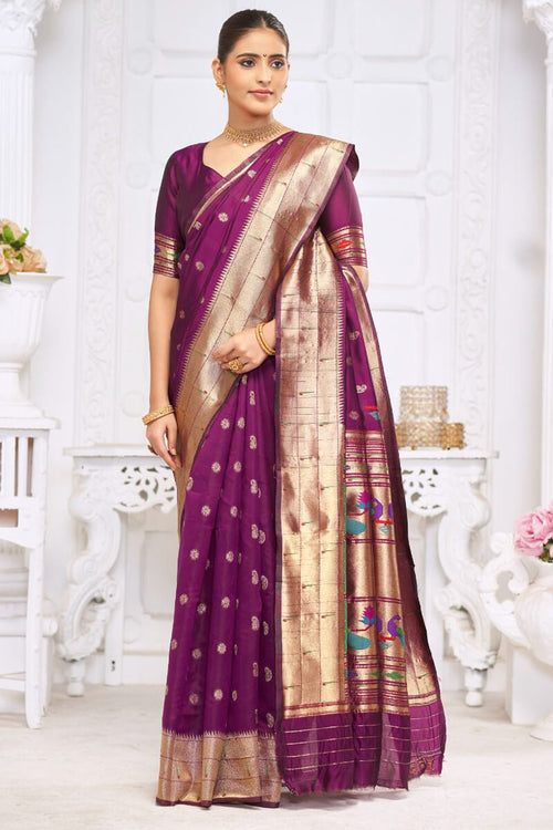 Load image into Gallery viewer, Majesty Wine Paithani Silk Saree With Blissful Blouse Piece
