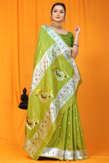 Fragrant Green Paithani Silk Saree With Woebegone Blouse Piece