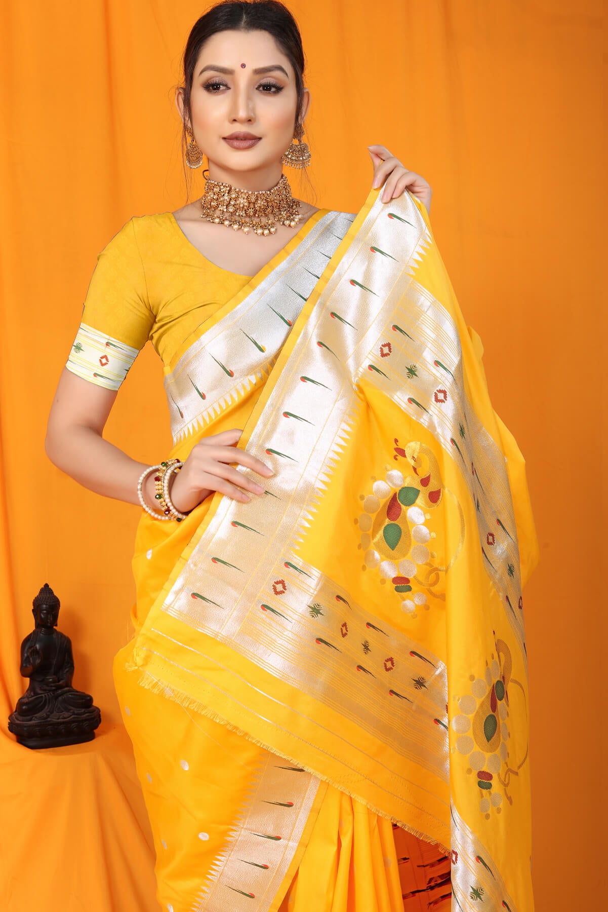 Improbable  Yellow Paithani Silk Saree With Nemesis Blouse Piece