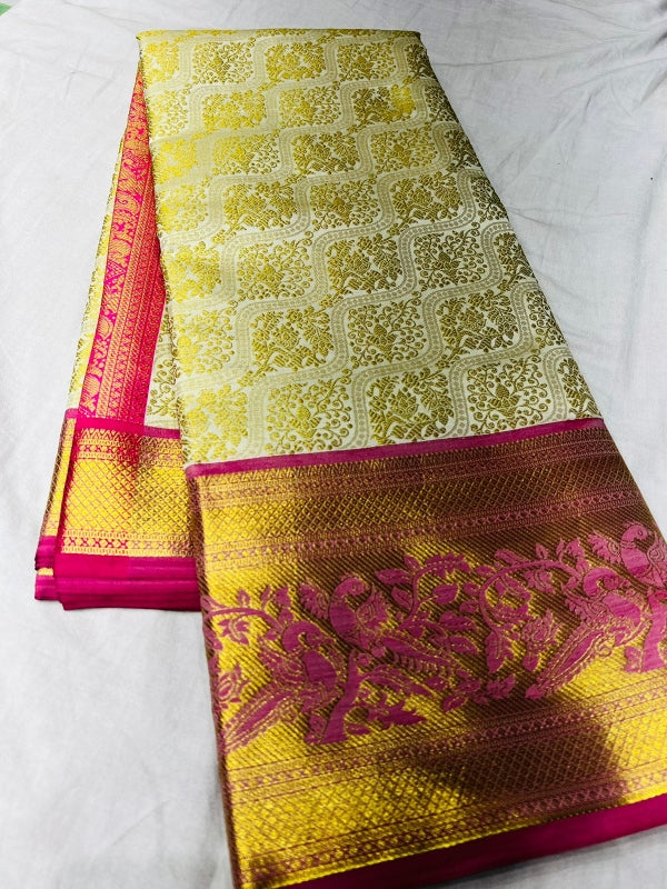 Lovely Beige Soft Banarasi Silk Saree With Impressive Blouse Piece