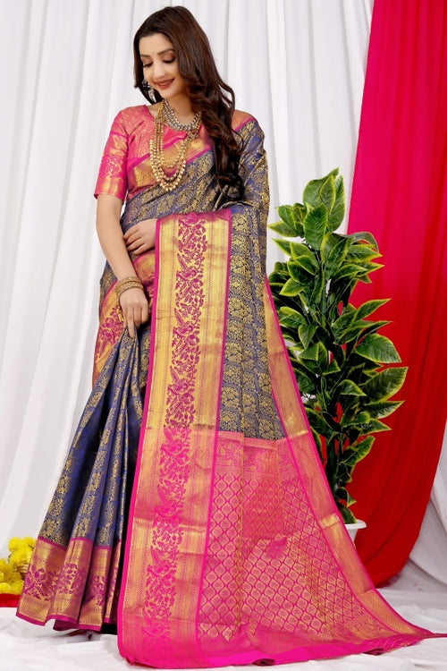 Load image into Gallery viewer, Energetic Navy Blue Soft Banarasi Silk Saree With Impressive Blouse Piece
