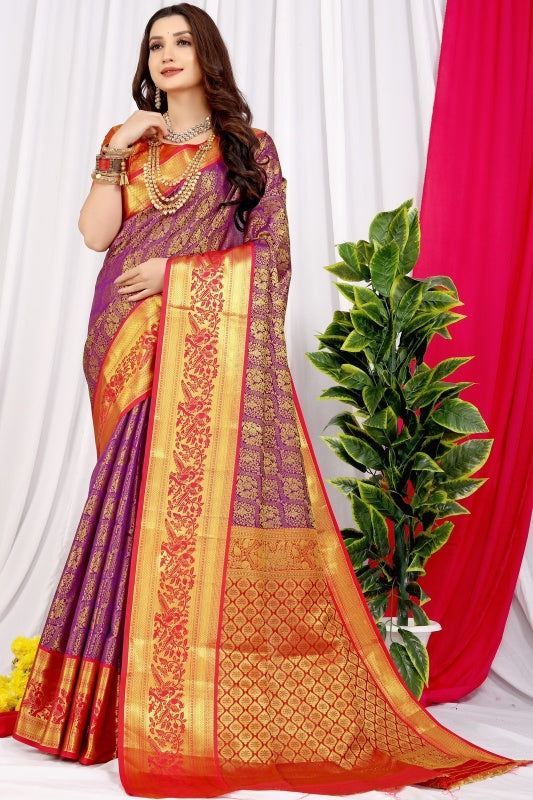 Attractive Purple Soft Banarasi Silk Saree With Impressive Blouse Piece