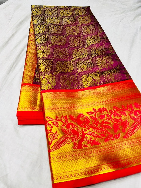 Attractive Purple Soft Banarasi Silk Saree With Impressive Blouse Piece