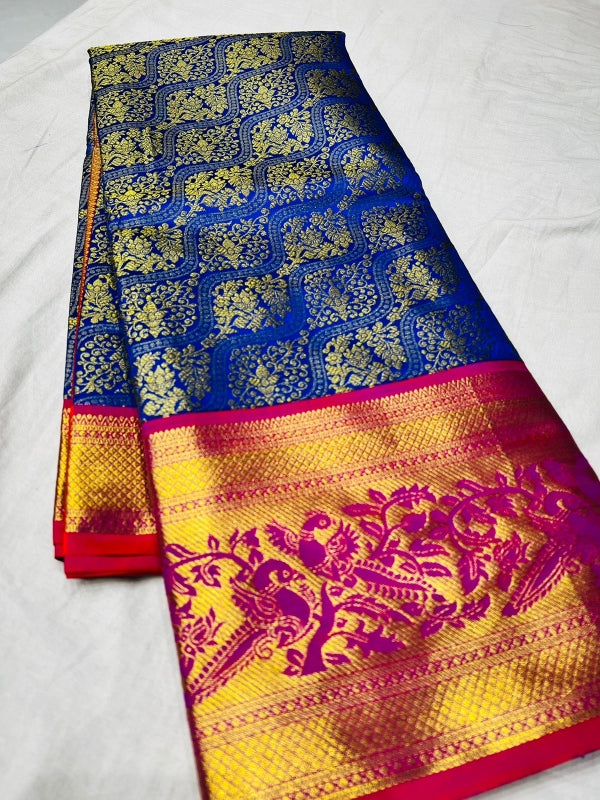 Flaunt Royal Blue Soft Banarasi Silk Saree With Impressive Blouse Piece