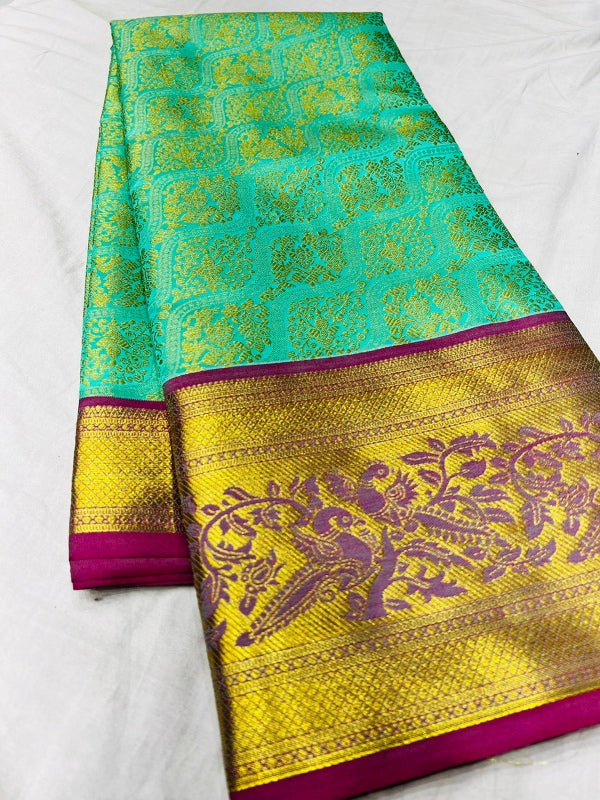 Sensational Sea Green Soft Banarasi Silk Saree With Impressive Blouse Piece