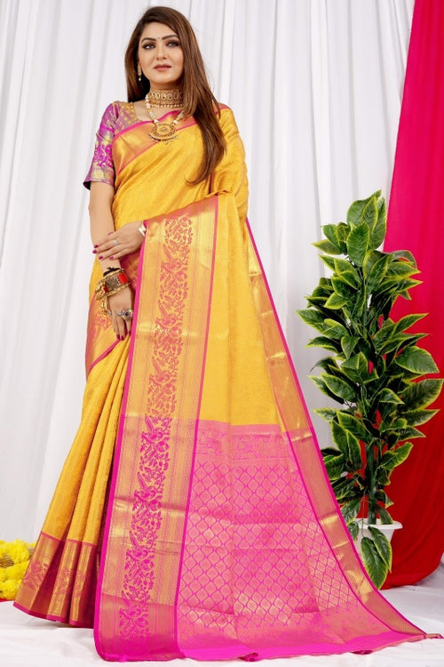 Load image into Gallery viewer, Gorgeous Yellow Soft Banarasi Silk Saree With Impressive Blouse Piece
