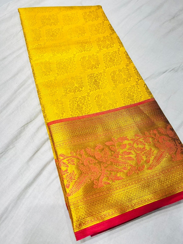 Gorgeous Yellow Soft Banarasi Silk Saree With Impressive Blouse Piece