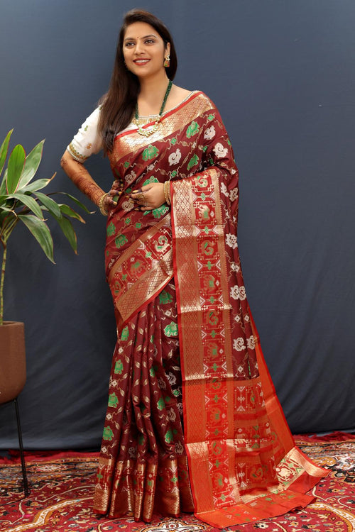 Load image into Gallery viewer, Imbrication Wine Patola Silk Saree with Glamorous Blouse Piece
