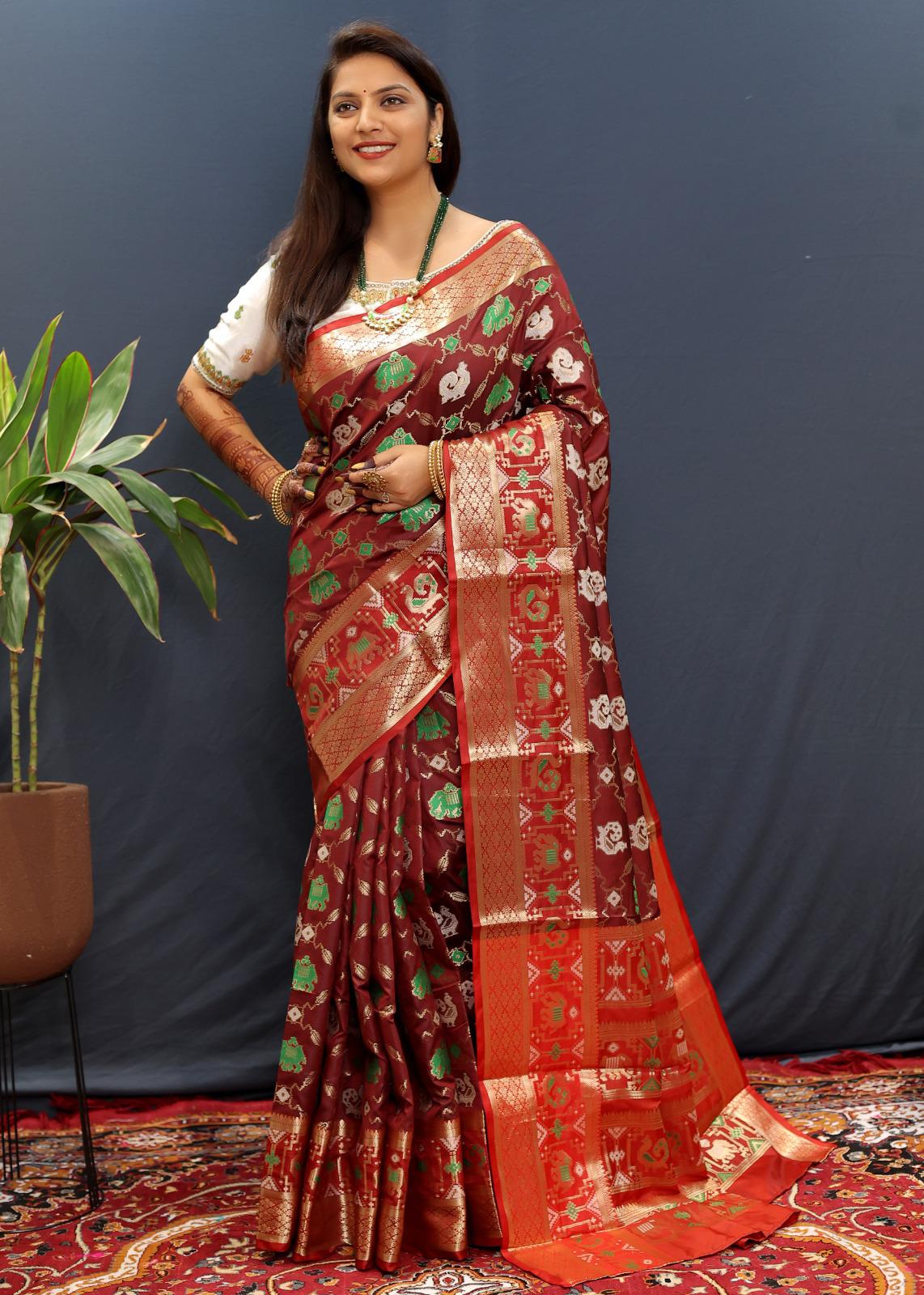 Imbrication Wine Patola Silk Saree with Glamorous Blouse Piece