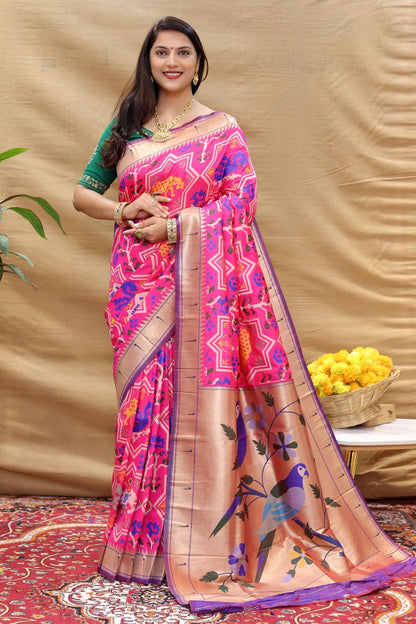 Fancifull Dark Pink Paithani Silk Saree With Classic Blouse Piece