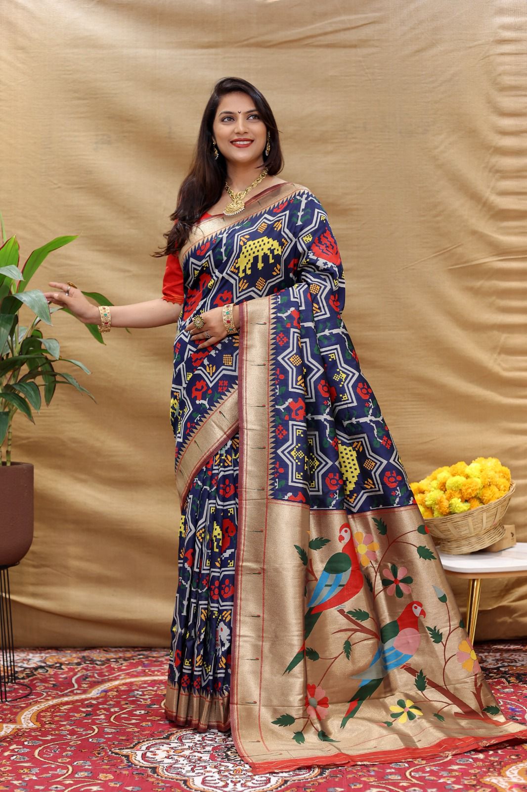 Opulent Navy Blue Paithani Silk Saree With Designer Blouse Piece