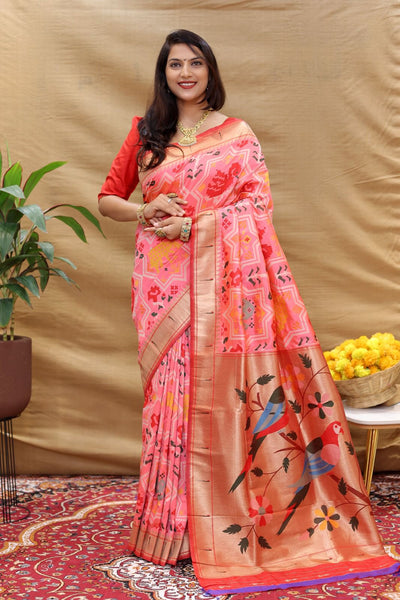 Breathtaking Pink Paithani Silk Saree With Delightful Blouse Piece