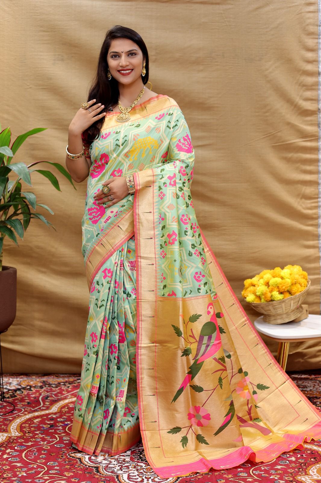 Groovy Pista Paithani Silk Saree With Radiant Blouse Piece