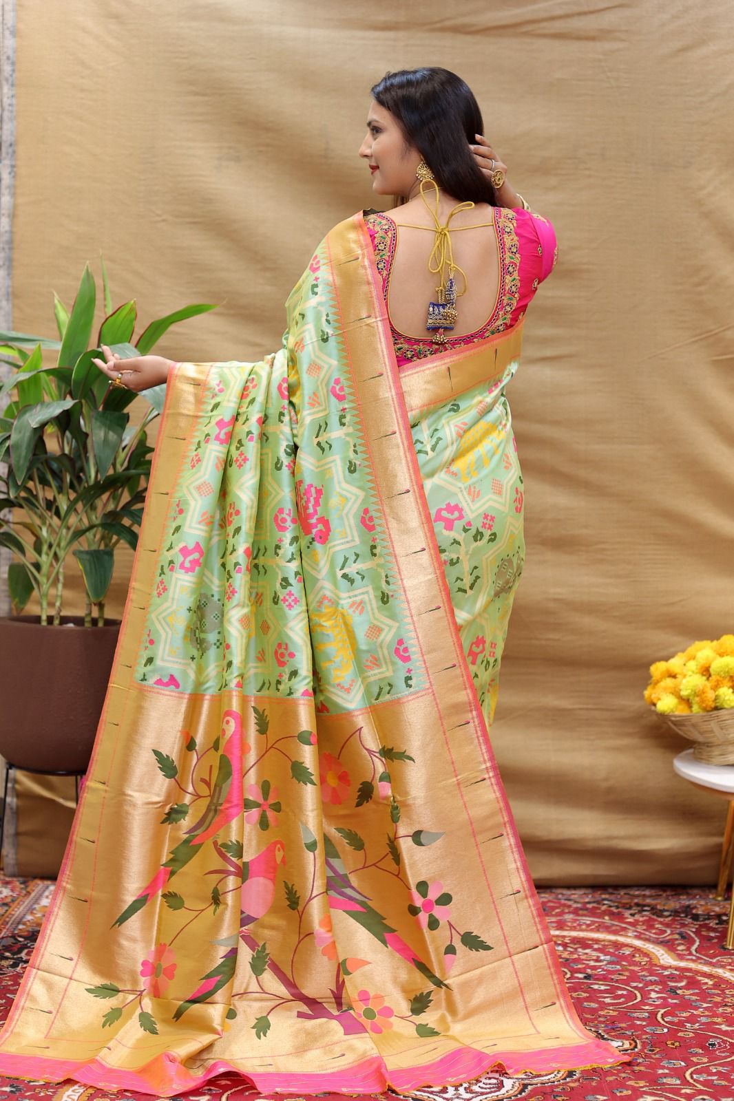 Groovy Pista Paithani Silk Saree With Radiant Blouse Piece