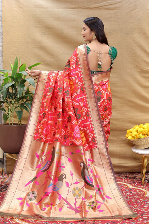 Load image into Gallery viewer, Beautiful Red Paithani Silk Saree With Skinny Blouse Piece
