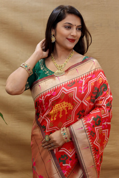 Load image into Gallery viewer, Beautiful Red Paithani Silk Saree With Skinny Blouse Piece
