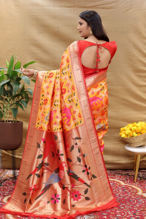 Load image into Gallery viewer, Glowing Yellow Paithani Silk Saree With Ravishing Blouse Piece
